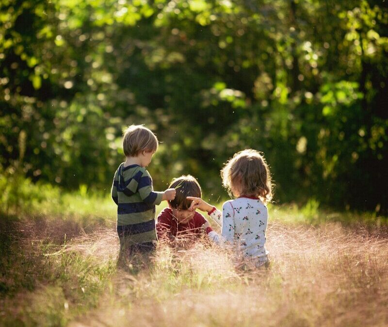 three children are sitting in a field of tall grass